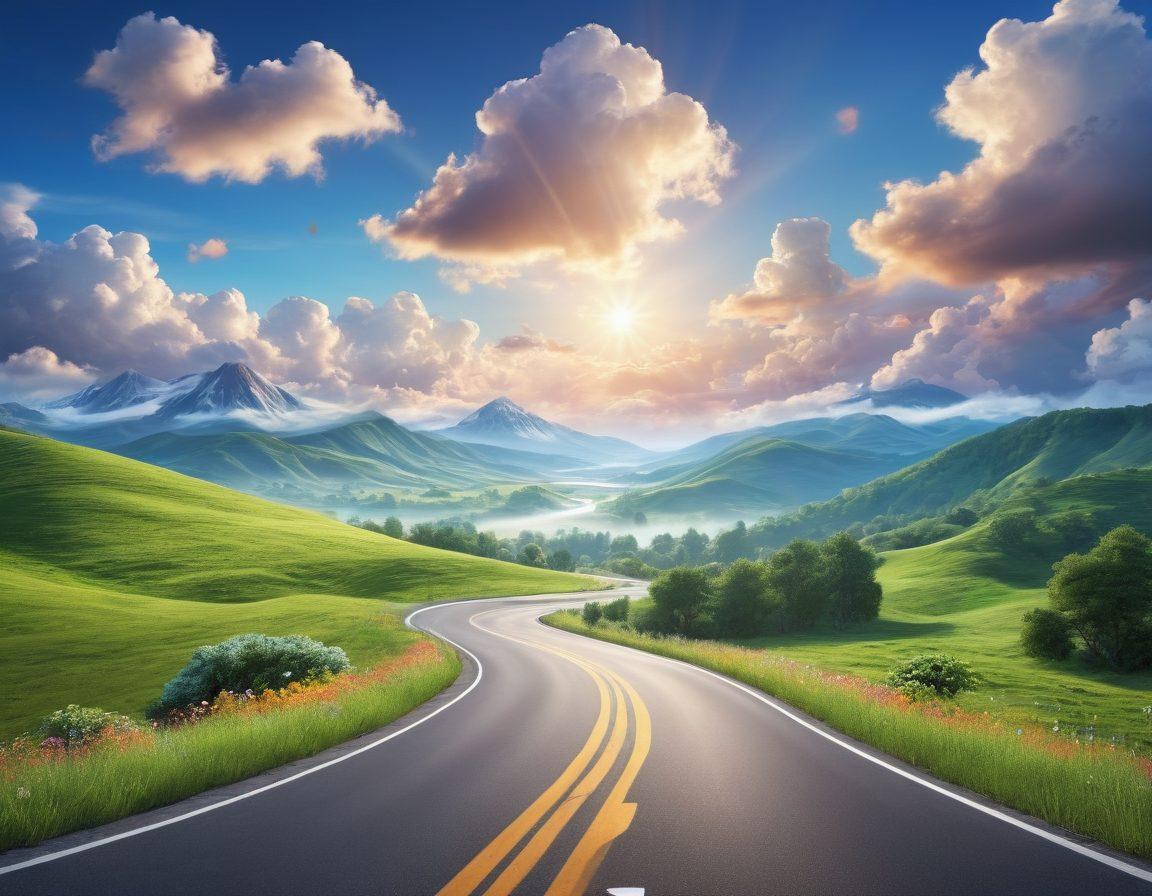 A scenic highway winding through a picturesque landscape, with various car insurance symbols (like shields and dollar signs) floating along the road. A friendly guide character holding a map, representing advice on finding affordable coverage. Bright blue skies and lush greenery evoke a sense of reassurance and optimism. super-realistic. vibrant colors. 3D.