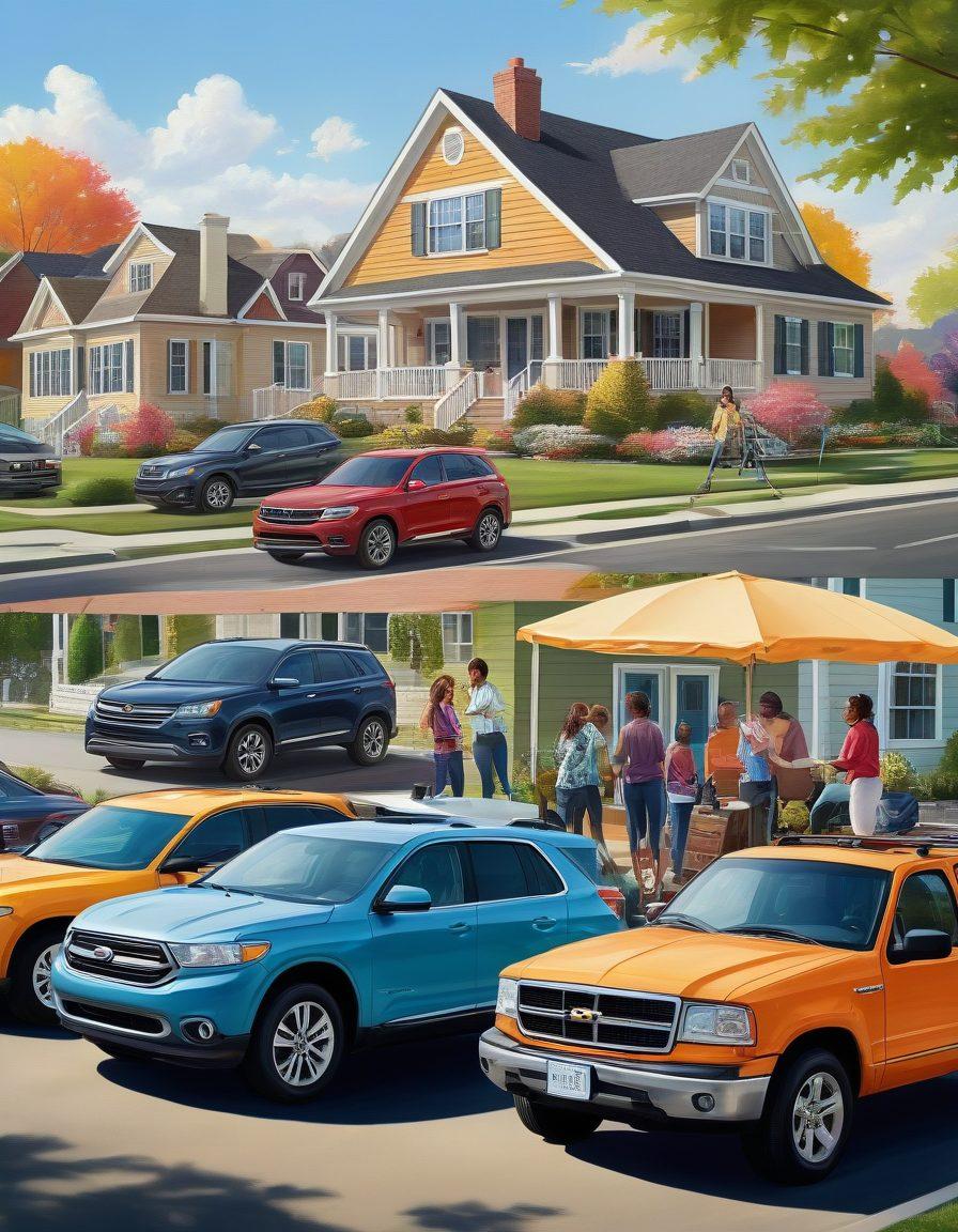 A collage showcasing diverse families and individuals of various ages driving different types of vehicles, with an insurance agent discussing options with a couple in a cozy office setting. Include visual elements like policy documents, calculators, and friendly smiles to convey a sense of trust and community. The background should depict a sunny suburban neighborhood to emphasize safety and family life. vibrant colors. super-realistic.