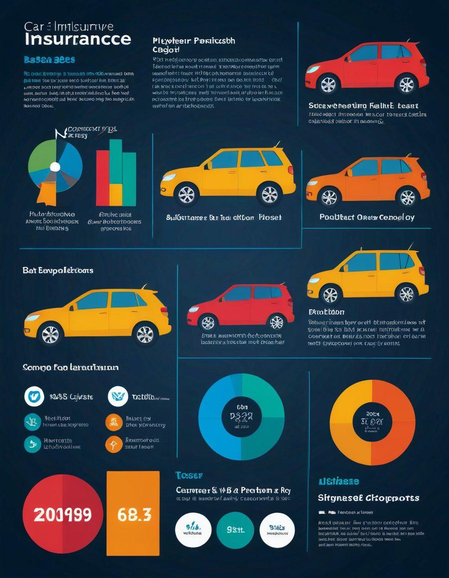A visually striking infographic depicting various car insurance options, featuring diverse vehicle types like sedans, SUVs, and trucks. Highlight cost comparisons with colorful bar graphs and icons representing savings. Include a magnifying glass symbolizing in-depth analysis and a calculator illustrating practicality. The background should convey a sense of budget-friendly options, with playful elements and a modern design. vibrant colors. vector art.